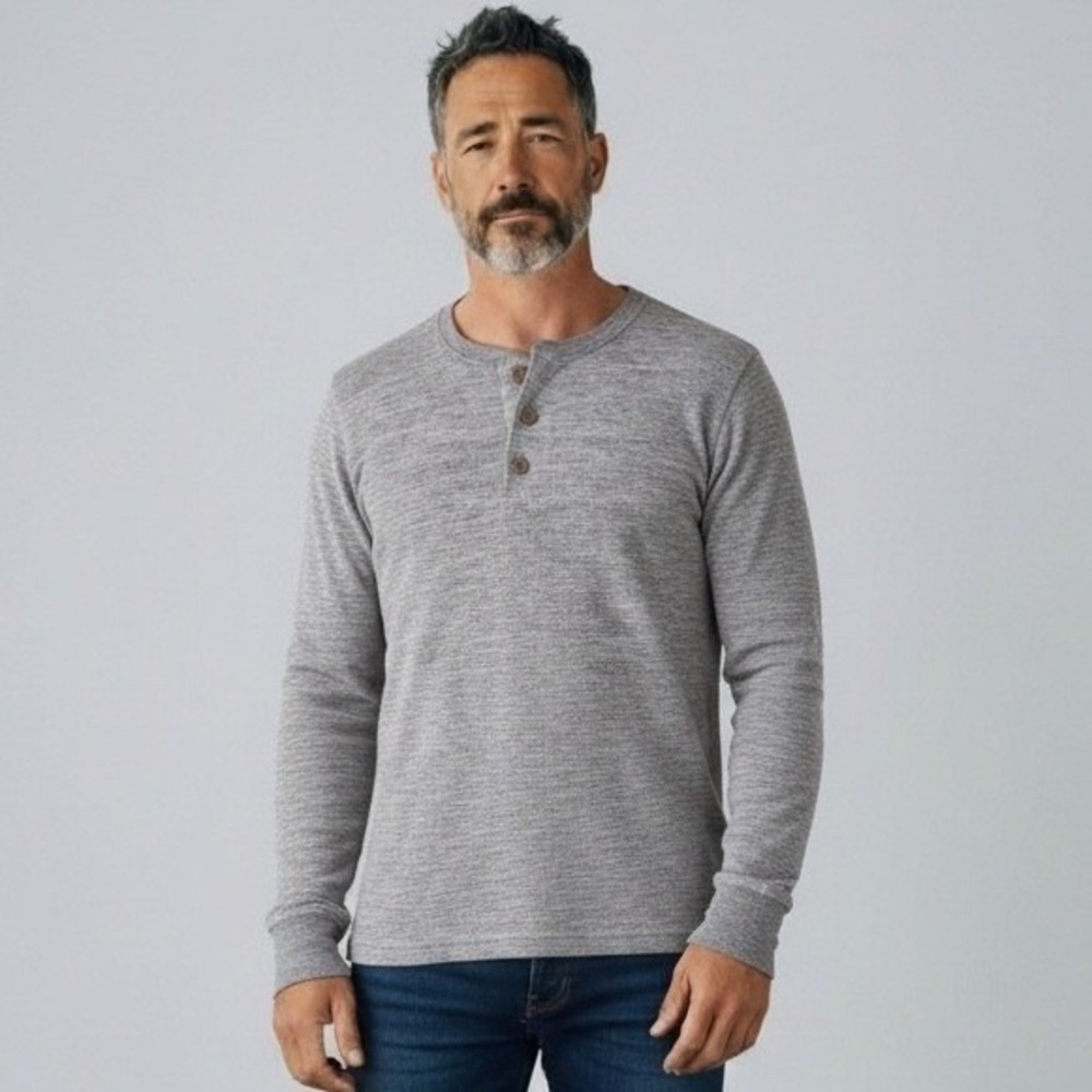 Thermal Waffle Knit Henley Shirt L Tan Textured Y2K Long Sleeve Casual Baselayer